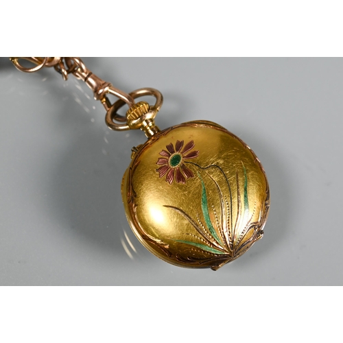 304 - A Edwardian fob watch with enamelled flower to reverse, cream enamel dial with fancy hands and Arabi... 