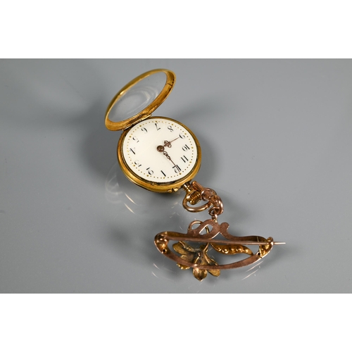 304 - A Edwardian fob watch with enamelled flower to reverse, cream enamel dial with fancy hands and Arabi... 