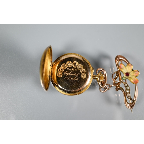 304 - A Edwardian fob watch with enamelled flower to reverse, cream enamel dial with fancy hands and Arabi... 