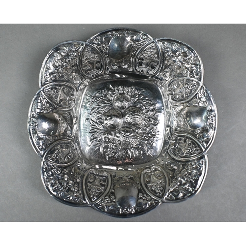 31 - A Lisham Art (Israel) 925 dish of lobed square form, embossed and chased with fruit and flowers, 4.7... 