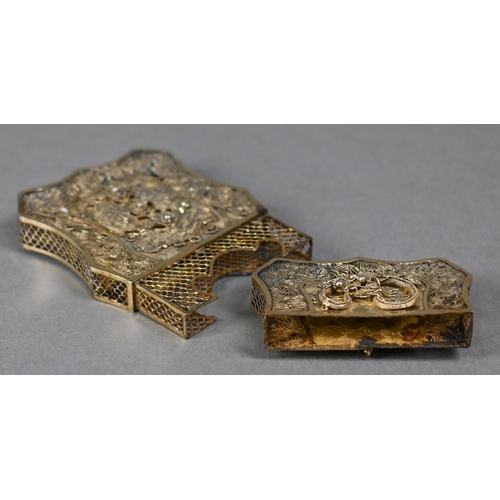 33 - An antique Chinese gilt metal filigree visiting card case with applied dragon and fish motifs, 10 x ... 