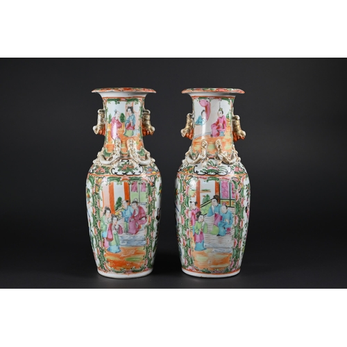 353 - A pair of 19th century Chinese Canton famille rose vases, late Qing dynasty, each applied with mould... 