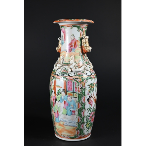 353 - A pair of 19th century Chinese Canton famille rose vases, late Qing dynasty, each applied with mould... 