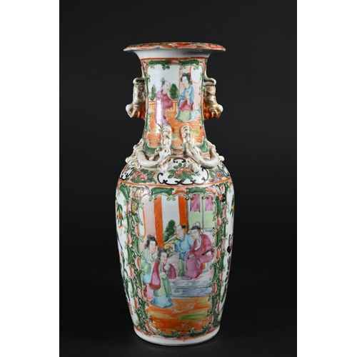 353 - A pair of 19th century Chinese Canton famille rose vases, late Qing dynasty, each applied with mould... 