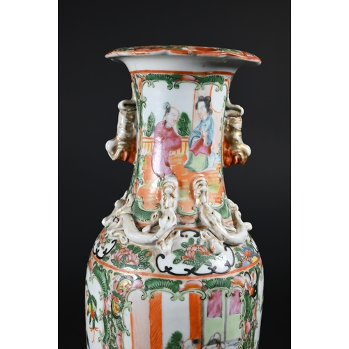 353 - A pair of 19th century Chinese Canton famille rose vases, late Qing dynasty, each applied with mould... 