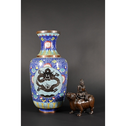 355 - A 20th century Chinese blue ground cloisonne baluster vase with dragon roundels and polychrome ename... 