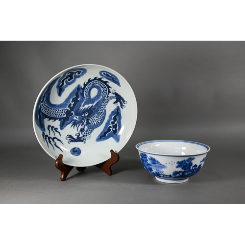 358 - A Chinese transitional style blue and white dragon charger in the mid 17th century manner, painted i... 