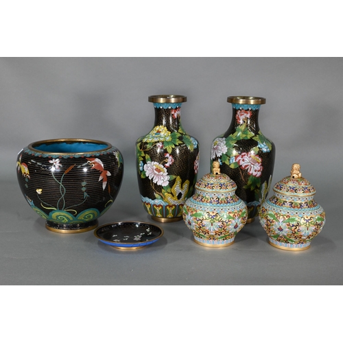 359 - A pair of 20th century Chinese cloisonne on brass vases with polychrome enameled floral designs agai... 