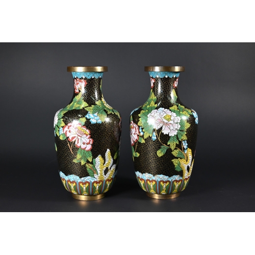 359 - A pair of 20th century Chinese cloisonne on brass vases with polychrome enameled floral designs agai... 