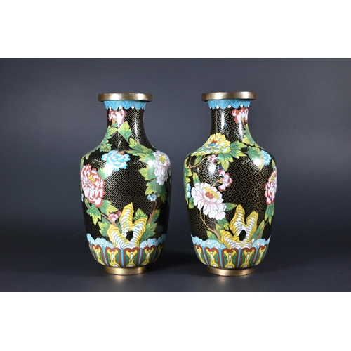 359 - A pair of 20th century Chinese cloisonne on brass vases with polychrome enameled floral designs agai... 