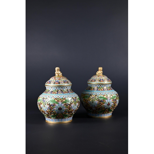 359 - A pair of 20th century Chinese cloisonne on brass vases with polychrome enameled floral designs agai... 