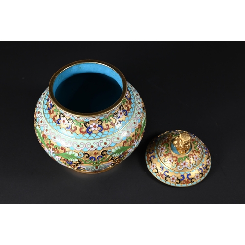 359 - A pair of 20th century Chinese cloisonne on brass vases with polychrome enameled floral designs agai... 