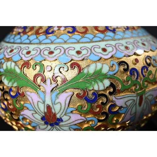 359 - A pair of 20th century Chinese cloisonne on brass vases with polychrome enameled floral designs agai... 