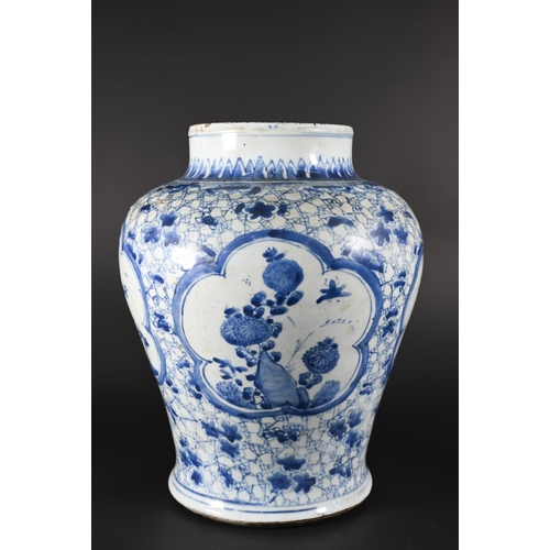 360 - A 19th century Chinese blue and white vase or jar in the Kangxi style but late Qing dynasty, of high... 