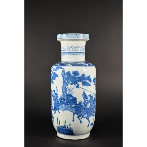 362 - A Chinese Kangxi style blue and white rouleau vase painted in rich tones of underglaze blue with a c... 