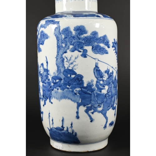 362 - A Chinese Kangxi style blue and white rouleau vase painted in rich tones of underglaze blue with a c... 