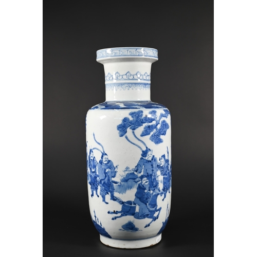 362 - A Chinese Kangxi style blue and white rouleau vase painted in rich tones of underglaze blue with a c... 