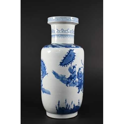 362 - A Chinese Kangxi style blue and white rouleau vase painted in rich tones of underglaze blue with a c... 