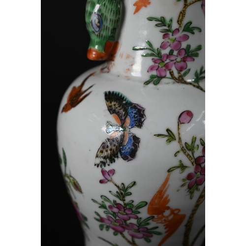 364 - A small 19th century Chinese famille rose baluster vase applied with gilded rim and moulded stag hea... 