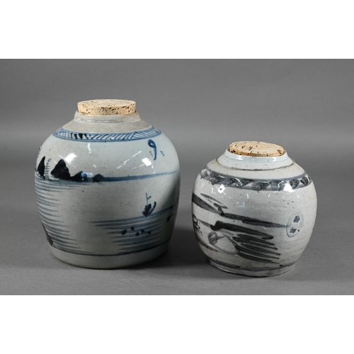 366 - Two 19th century provincial Chinese blue and white ginger jars, 17 cm and 13 cm high, a late Qing or... 