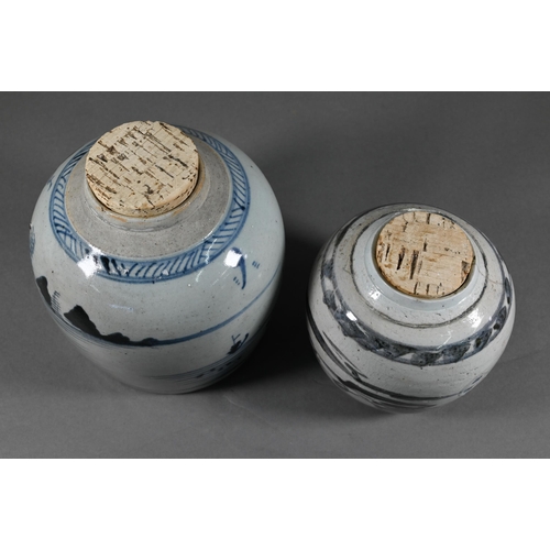 366 - Two 19th century provincial Chinese blue and white ginger jars, 17 cm and 13 cm high, a late Qing or... 