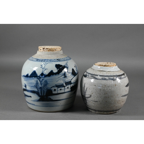 366 - Two 19th century provincial Chinese blue and white ginger jars, 17 cm and 13 cm high, a late Qing or... 