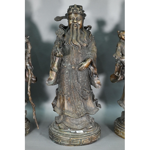 375 - Three large Chinese bronze 'Star Gods' (Sanxing) Fu, the personification of good fortune, depicted i... 