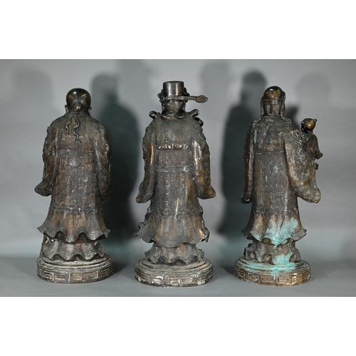 375 - Three large Chinese bronze 'Star Gods' (Sanxing) Fu, the personification of good fortune, depicted i... 