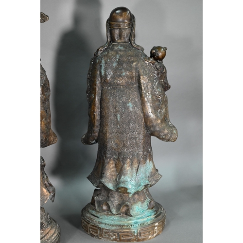 375 - Three large Chinese bronze 'Star Gods' (Sanxing) Fu, the personification of good fortune, depicted i... 