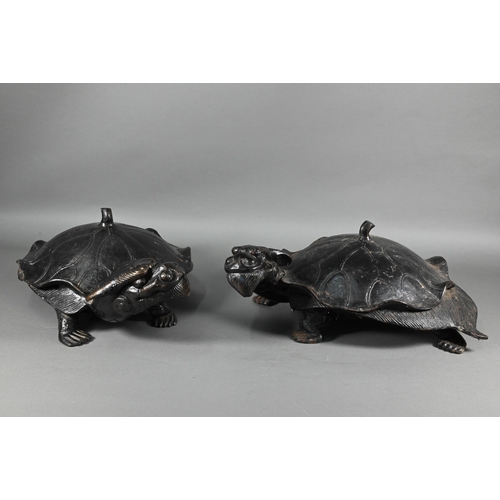 376 - A pair of large Japanese bronzed iron Minogame (Giant Mythological Turtle) okimono, with 'straw rain... 