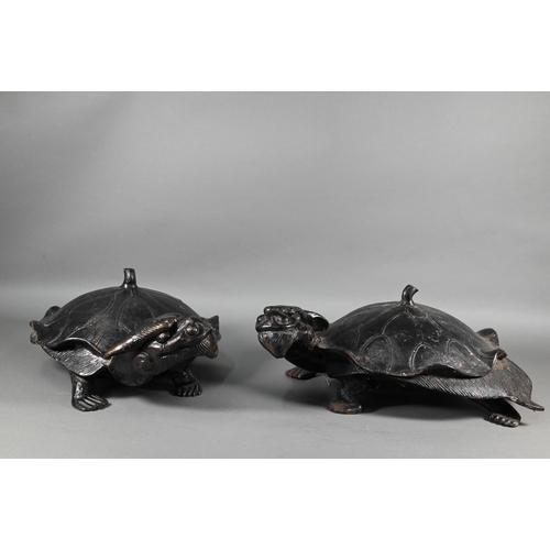 376 - A pair of large Japanese bronzed iron Minogame (Giant Mythological Turtle) okimono, with 'straw rain... 