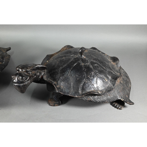 376 - A pair of large Japanese bronzed iron Minogame (Giant Mythological Turtle) okimono, with 'straw rain... 