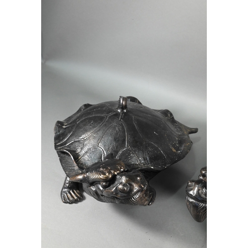 376 - A pair of large Japanese bronzed iron Minogame (Giant Mythological Turtle) okimono, with 'straw rain... 