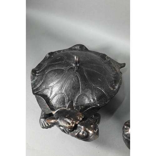 376 - A pair of large Japanese bronzed iron Minogame (Giant Mythological Turtle) okimono, with 'straw rain... 