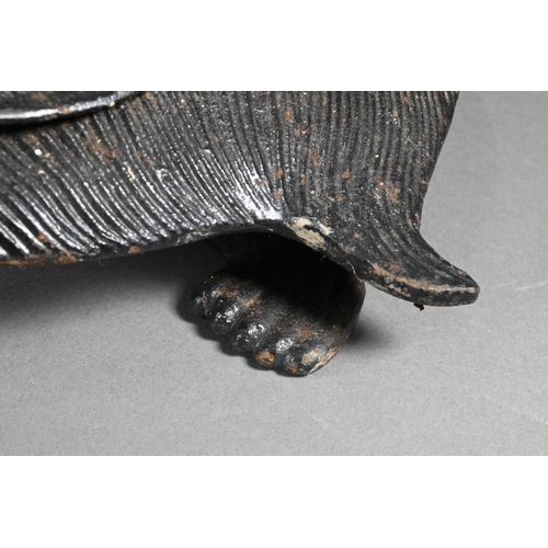 376 - A pair of large Japanese bronzed iron Minogame (Giant Mythological Turtle) okimono, with 'straw rain... 