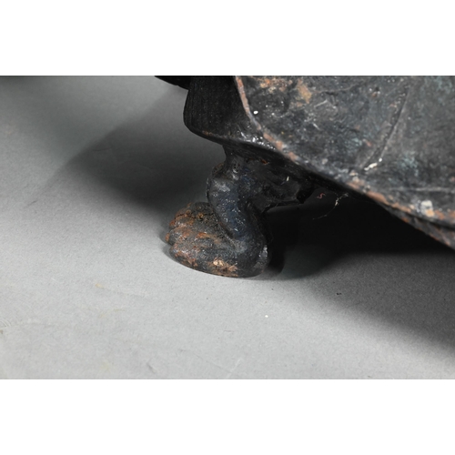 376 - A pair of large Japanese bronzed iron Minogame (Giant Mythological Turtle) okimono, with 'straw rain... 