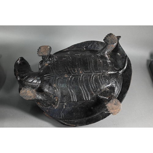 376 - A pair of large Japanese bronzed iron Minogame (Giant Mythological Turtle) okimono, with 'straw rain... 