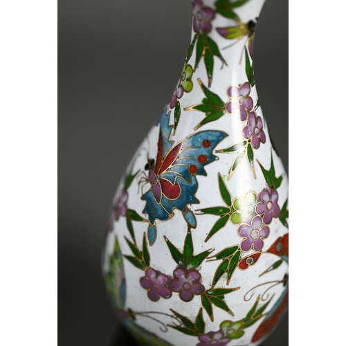 378 - A pair of Japanese cloisonne vases decorated with butterflies and flowers in polychrome enamels on w... 