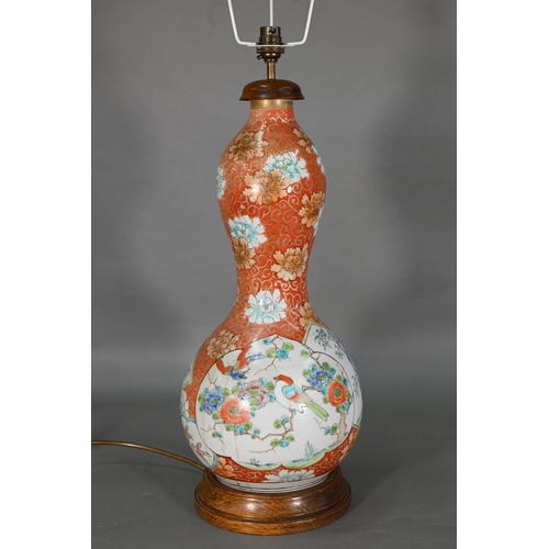 382 - A 19th century Japanese Arita double gourd vase mounted as a lamp, Meiji period, coral ground with s... 