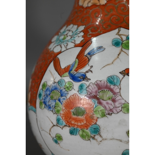 382 - A 19th century Japanese Arita double gourd vase mounted as a lamp, Meiji period, coral ground with s... 