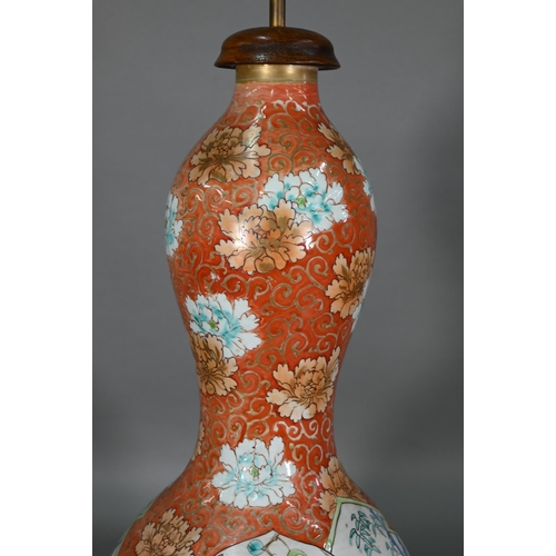 382 - A 19th century Japanese Arita double gourd vase mounted as a lamp, Meiji period, coral ground with s... 