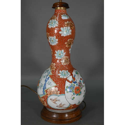 382 - A 19th century Japanese Arita double gourd vase mounted as a lamp, Meiji period, coral ground with s... 