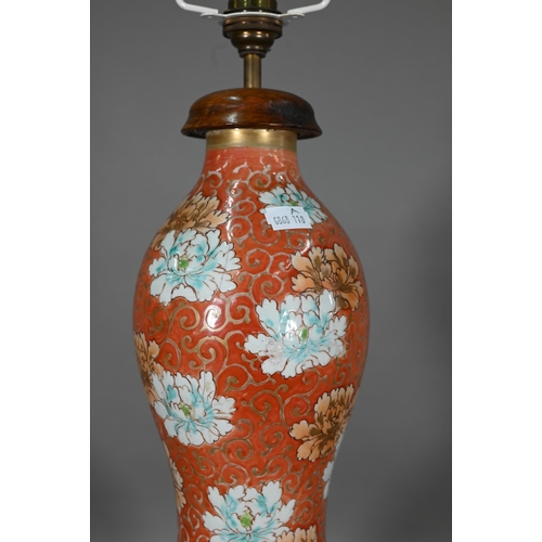 382 - A 19th century Japanese Arita double gourd vase mounted as a lamp, Meiji period, coral ground with s... 