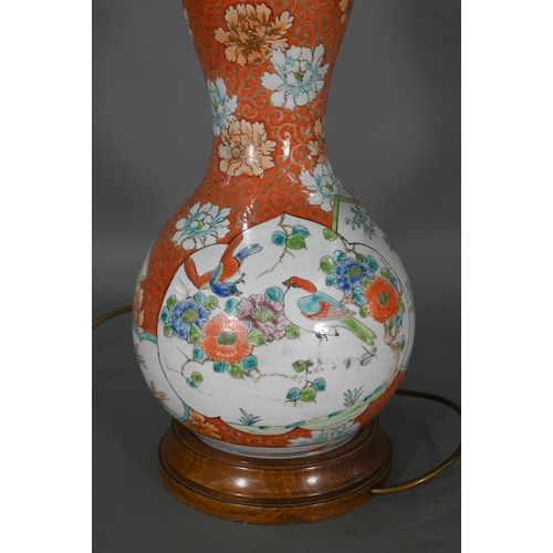 382 - A 19th century Japanese Arita double gourd vase mounted as a lamp, Meiji period, coral ground with s... 