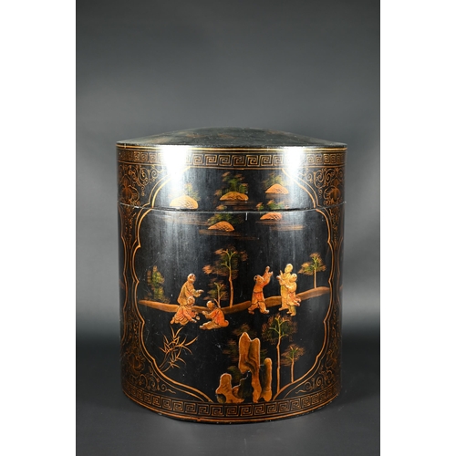 385 - A Chinese black lacquer circular box and cover, gilt decoration with landscapes and children at play... 