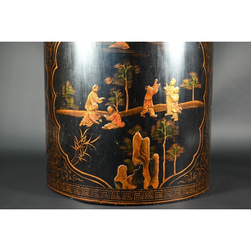 385 - A Chinese black lacquer circular box and cover, gilt decoration with landscapes and children at play... 