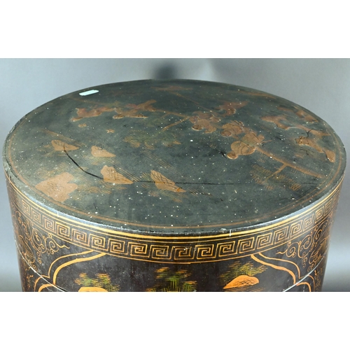 385 - A Chinese black lacquer circular box and cover, gilt decoration with landscapes and children at play... 