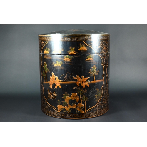 385 - A Chinese black lacquer circular box and cover, gilt decoration with landscapes and children at play... 