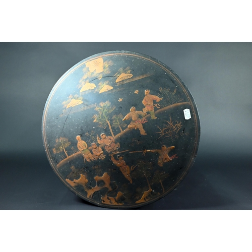 385 - A Chinese black lacquer circular box and cover, gilt decoration with landscapes and children at play... 