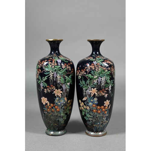 387 - A mirrored pair of late 19th century Japanese cloisonne vases, Meijji period (1868-1912) dark purple... 